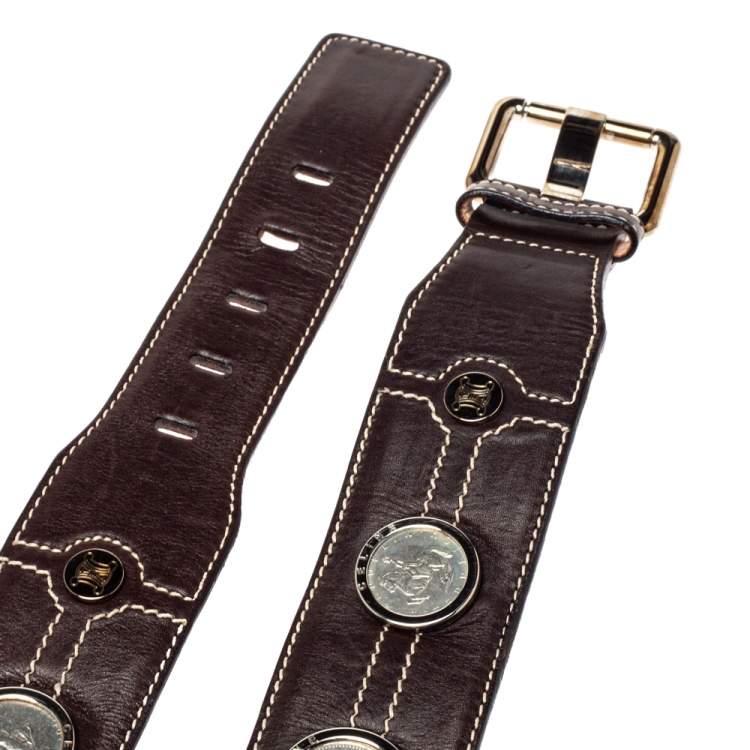 مملوكة مسبقًا Celine Dark Brown Leather Coin Embellished Belt 90CM