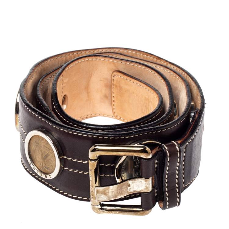 مملوكة مسبقًا Celine Dark Brown Leather Coin Embellished Belt 90CM
