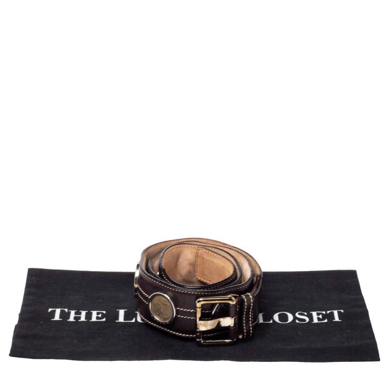 مملوكة مسبقًا Celine Dark Brown Leather Coin Embellished Belt 90CM