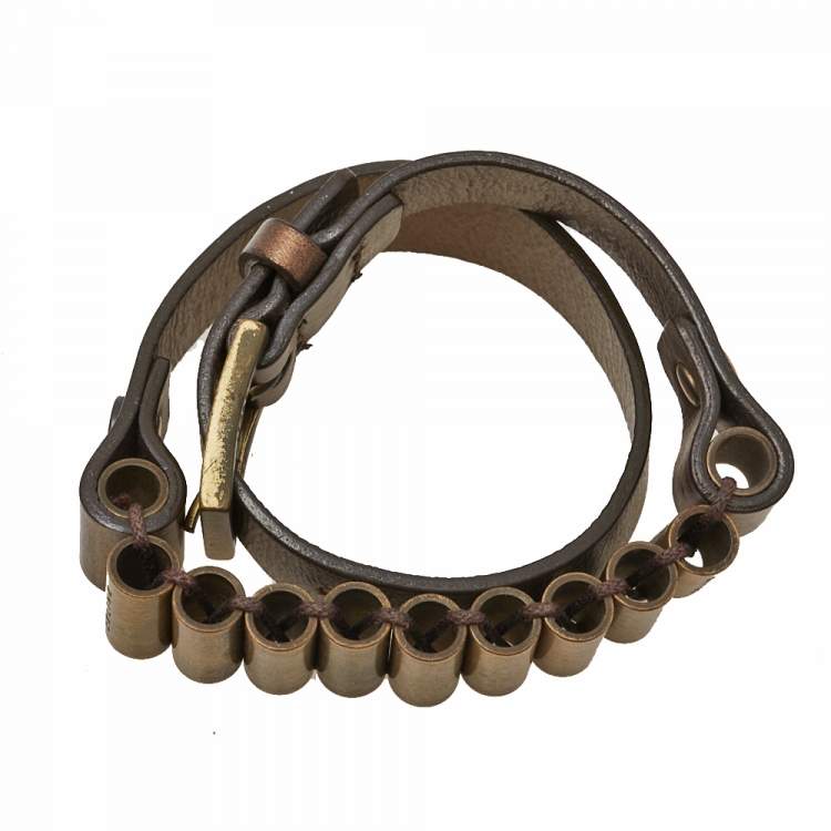 Pre Owned Céline Metallic Copper Leather Metal Link Double Wrap Bracelet