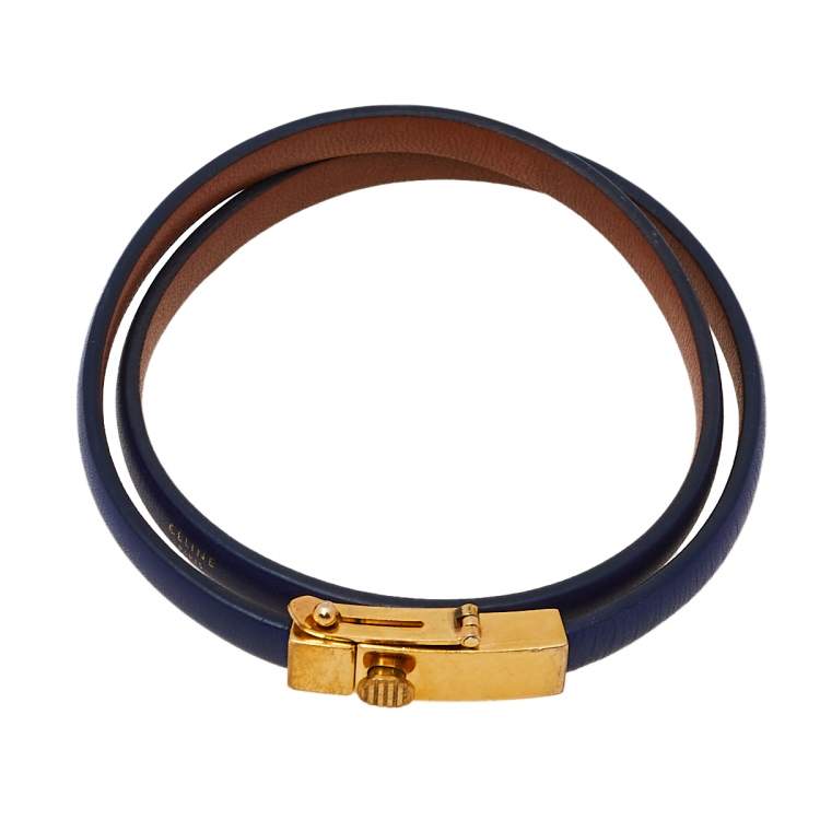 Pre Owned Celine Blue Leather Gold Tone Triple Tour Wrap Bracelet M