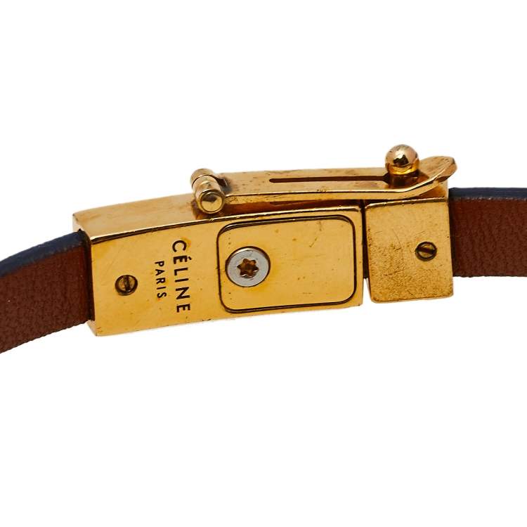 Pre Owned Celine Blue Leather Gold Tone Triple Tour Wrap Bracelet M