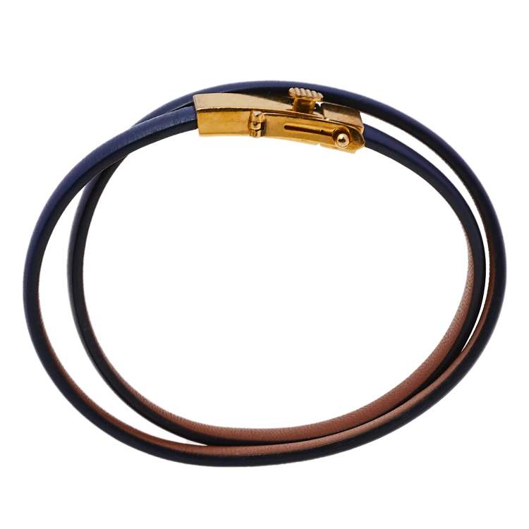 Pre Owned Celine Blue Leather Gold Tone Triple Tour Wrap Bracelet M