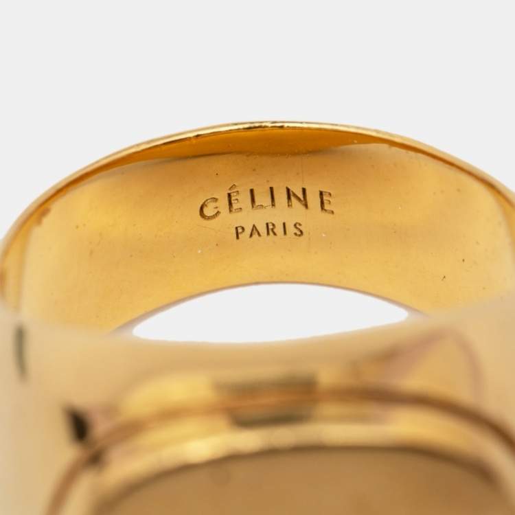 Pre Owned Céline Gold Tone Square Ring Size EU 54