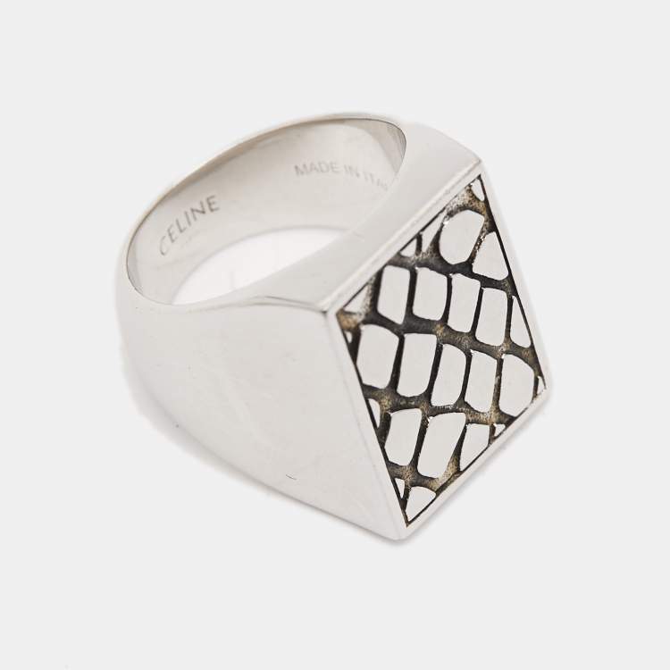 Pre Owned Céline Silver Tone Patterned Square Ring Size EU 54