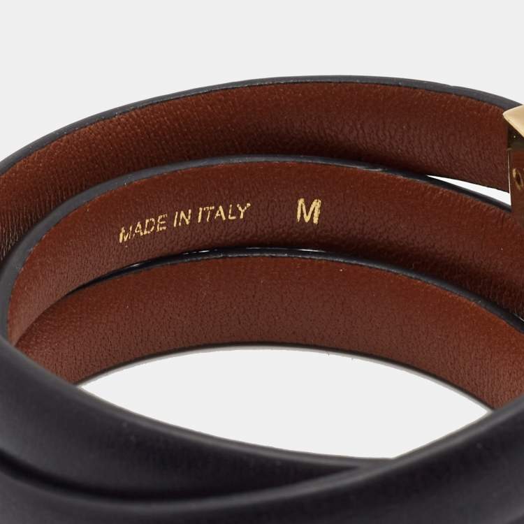 Pre Owned Celine Black Leather Gold Tone Triple Tour Wrap Bracelet 