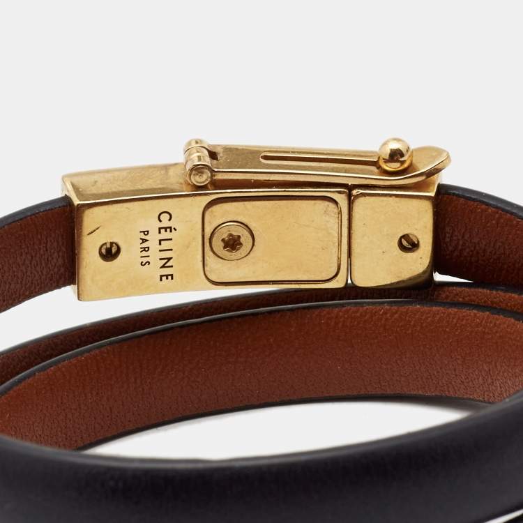 Pre Owned Celine Black Leather Gold Tone Triple Tour Wrap Bracelet 
