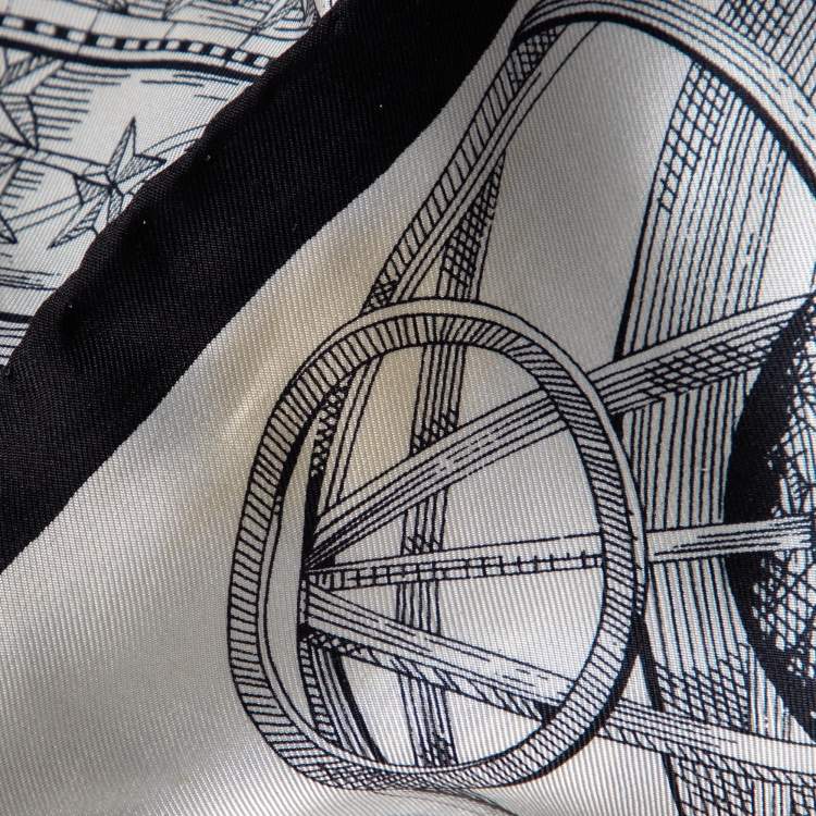 Pre Owned Celine Monochrome Zodiac Logo Print Silk Scarf