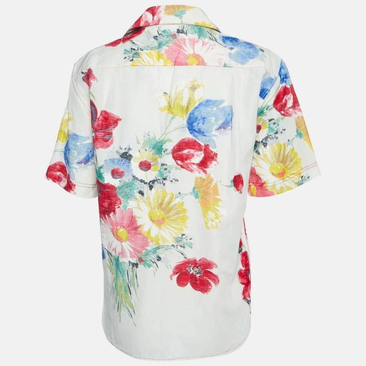 Pre Owned Celine Off White Printed Linen Blend Short Sleeves Shirt S