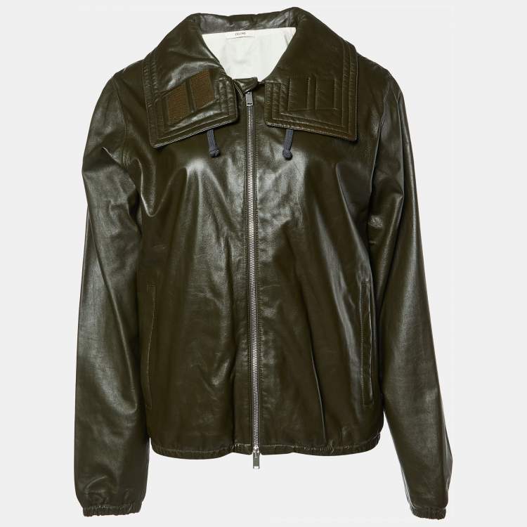 Pre Owned Celine Green Leather Hooded Zip-Up Jacket M
