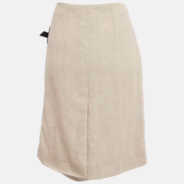 Pre Owned Celine Beige Linen & Leather Paneled Wrap Skirt M