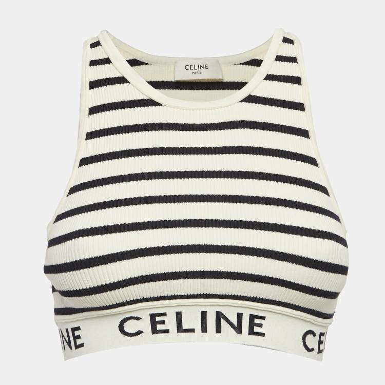 Pre Owned Celine White Striped Rib Knit Tank Crop Top XS