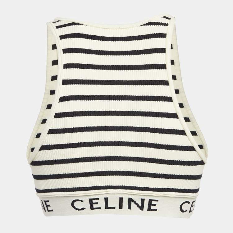 Pre Owned Celine White Striped Rib Knit Tank Crop Top XS
