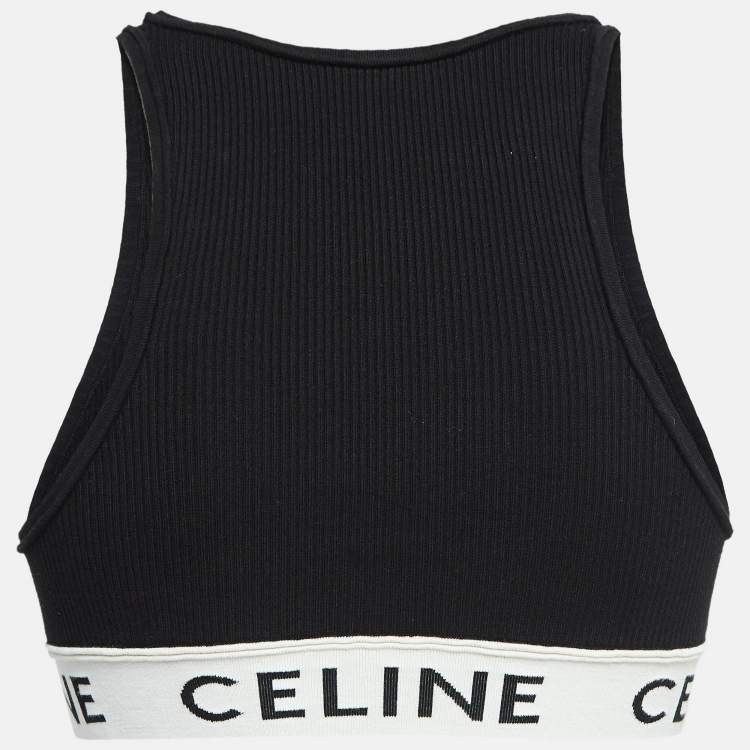 Pre Owned Celine Black Rib Knit Logo Tape Detail Crop Tank Top S