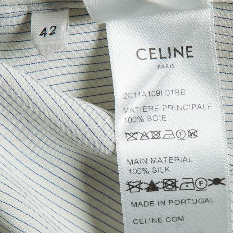 Pre Owned Celine White/Blue Striped Silk Boyfriend Shirt L