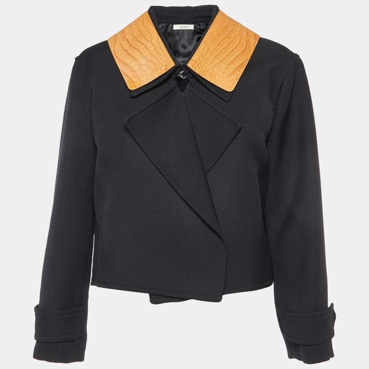 Pre Owned Celine Black Wool Embossed Leather Trim Collar Short Coat M