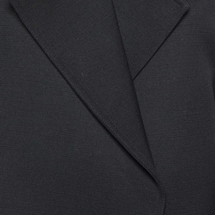 Pre Owned Celine Black Wool Embossed Leather Trim Collar Short Coat M