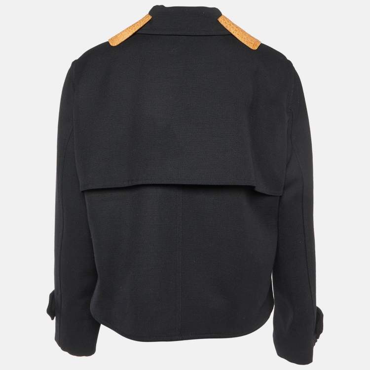 Pre Owned Celine Black Wool Embossed Leather Trim Collar Short Coat M