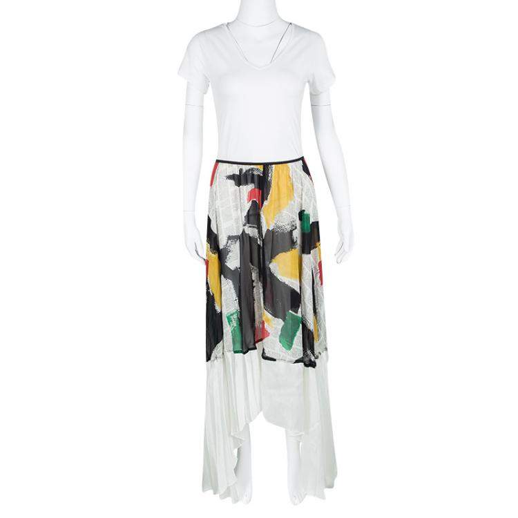 Pre Owned Celine SS'14 Multicolor Printed Mulberry Silk Contrast Bottom Asymmetric Skirt M