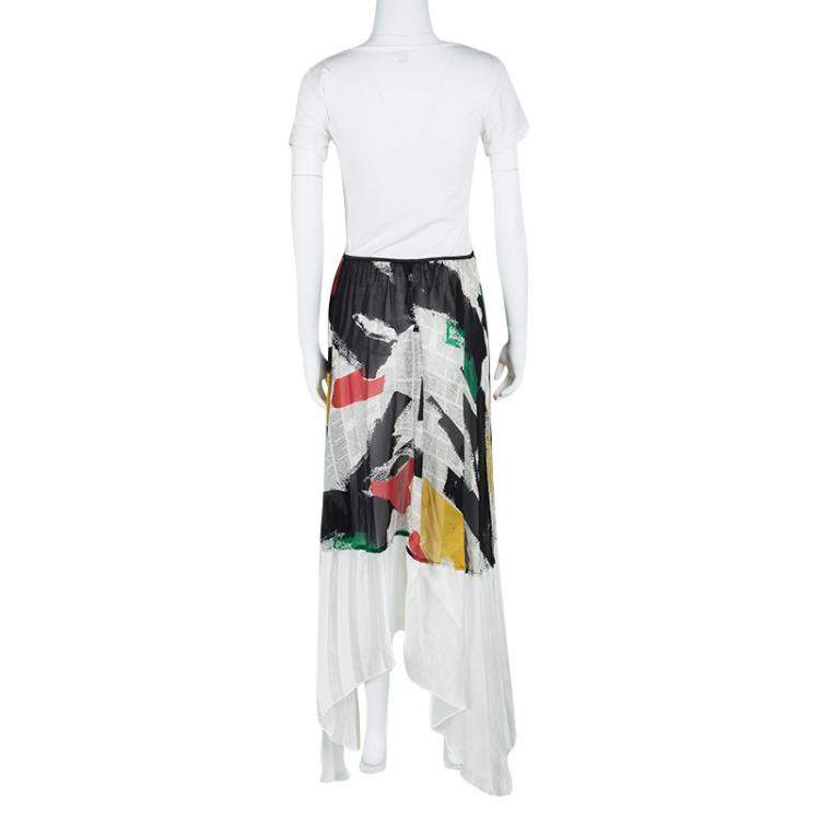 Pre Owned Celine SS'14 Multicolor Printed Mulberry Silk Contrast Bottom Asymmetric Skirt M