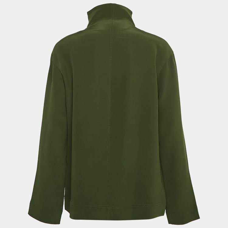 Pre Owned Celine Green Silk Zip Detail High Neck Top M