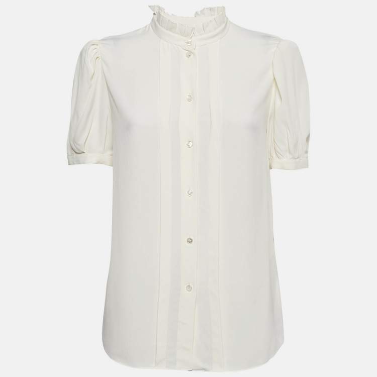 Pre Owned Celine Off-White Silk Blend Ruffled Blouse M