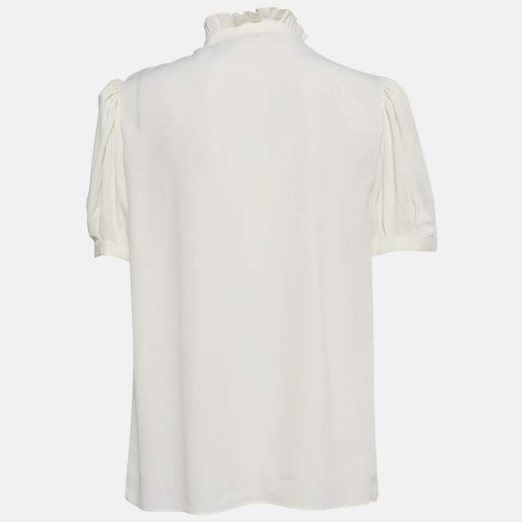 Pre Owned Celine Off-White Silk Blend Ruffled Blouse M