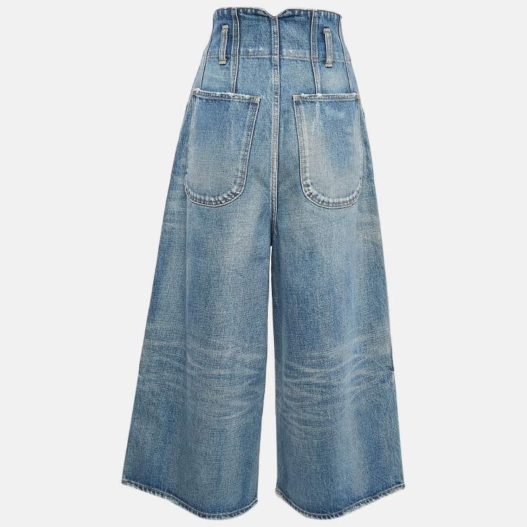 Pre Owned Celine Blue Washed Denim High Waist Wide Leg  Jeans S Waist 26"