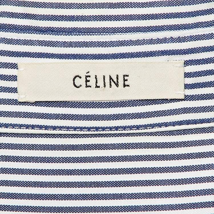 Pre Owned Celine Blue/White Stripe Embroidered Cotton Midi Shirt Dress M