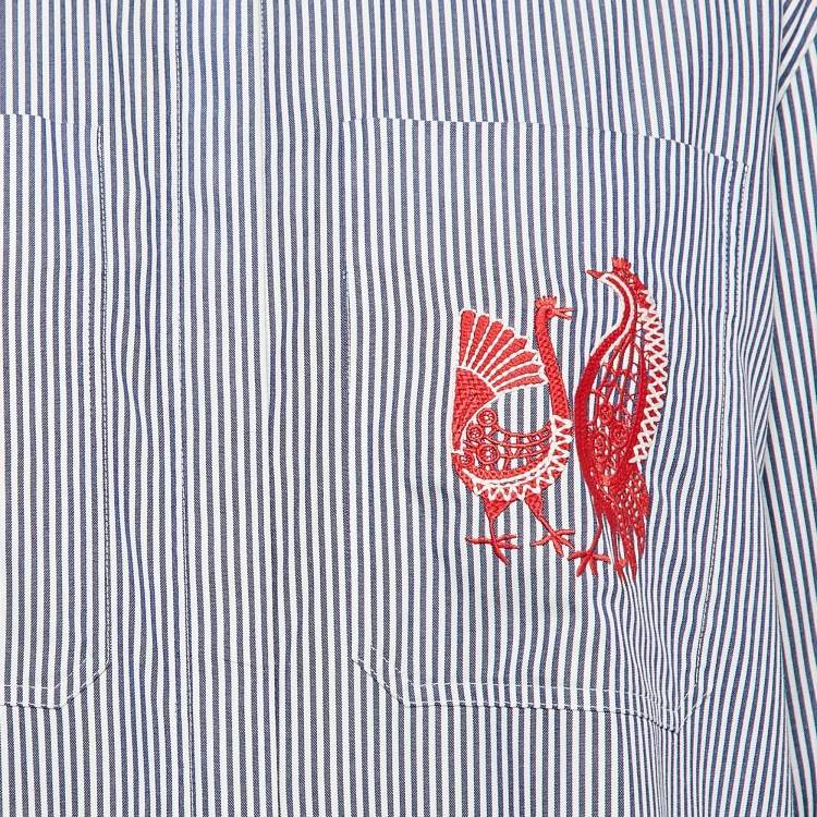 Pre Owned Celine Blue/White Stripe Embroidered Cotton Midi Shirt Dress M
