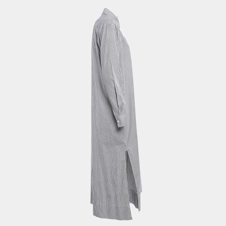 Pre Owned Celine Blue/White Stripe Embroidered Cotton Midi Shirt Dress M