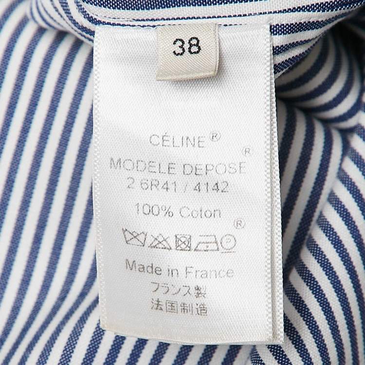 Pre Owned Celine Blue/White Stripe Embroidered Cotton Midi Shirt Dress M
