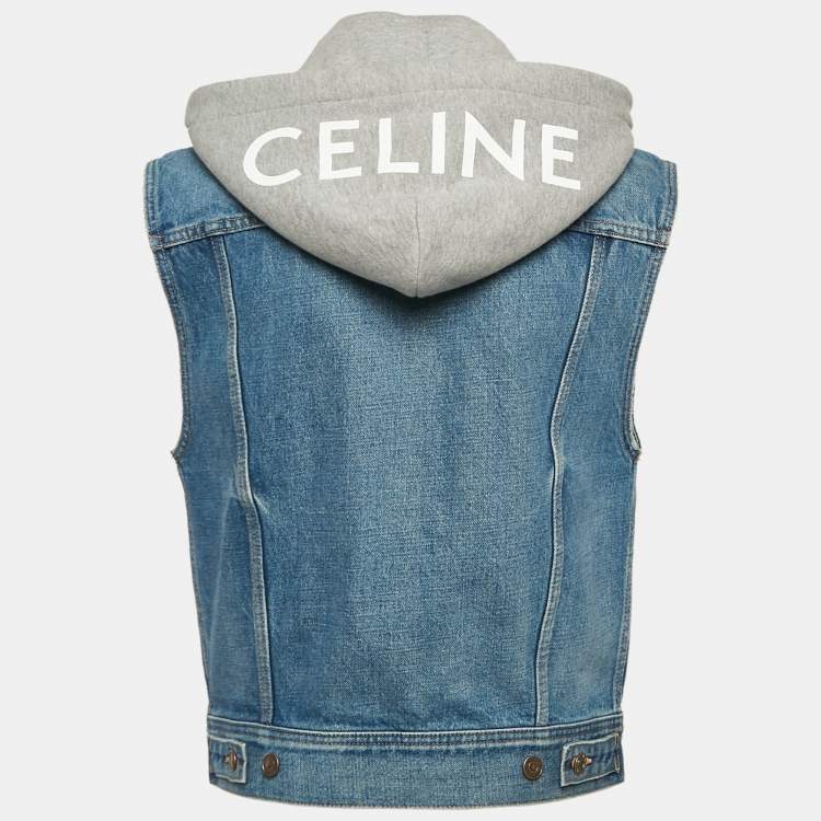 Pre Owned Celine Blue Logo Print Denim Hooded Sleeveless Jacket XS