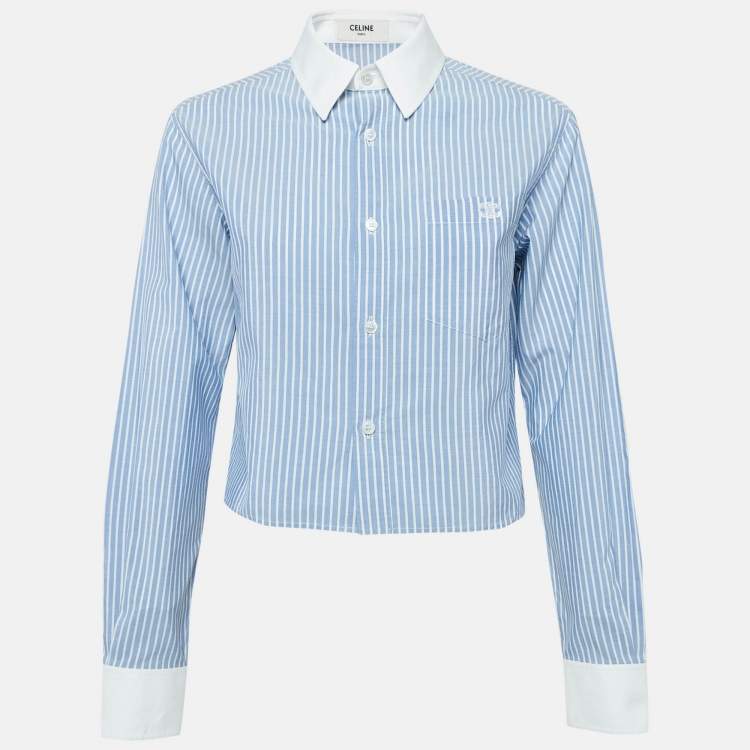 Pre Owned Celine Blue Striped Cotton Button Front Crop Shirt S