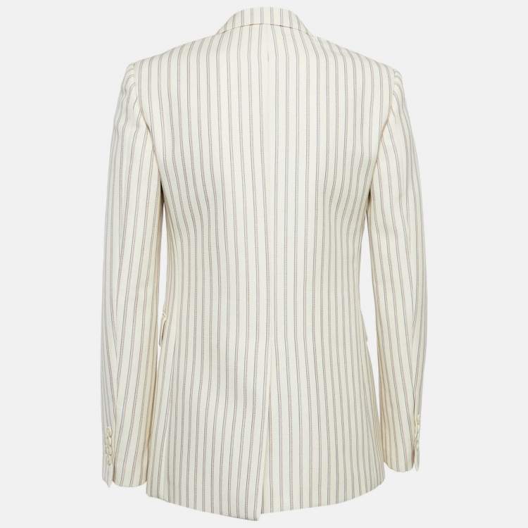 Pre Owned Celine Cream Striped Wool Double Breasted Blazer S