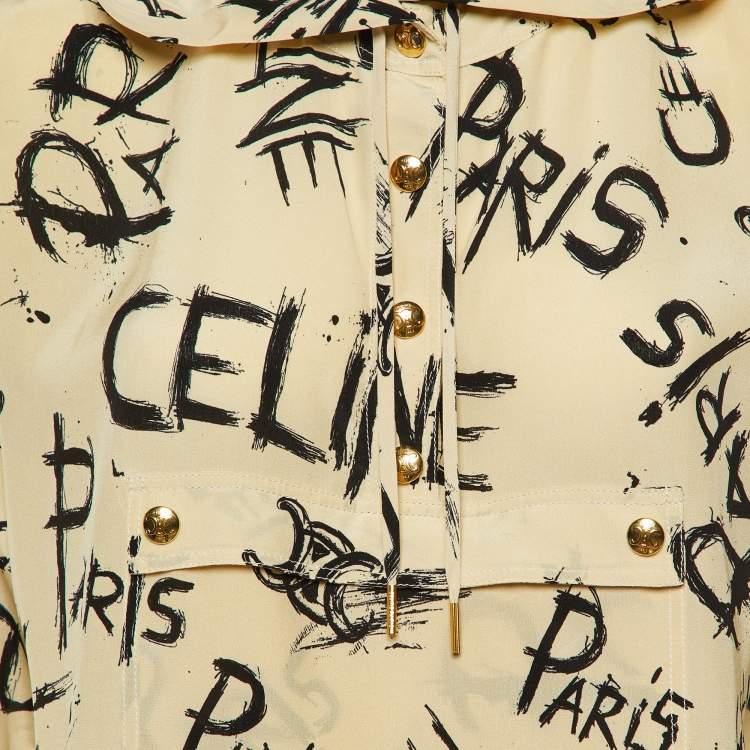 Pre Owned Celine Beige Logo Scribble Print Silk Hooded Blouse S