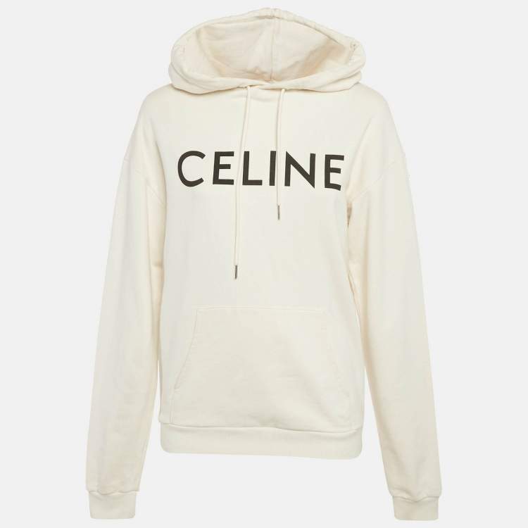 Pre Owned Celine Off-White Logo Print Cotton Knit Hoodie XS