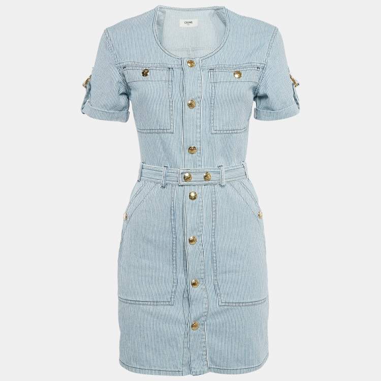 Pre Owned Celine Blue/White Stripe Cotton Button Front Belted Trapeze Mini Dress XS