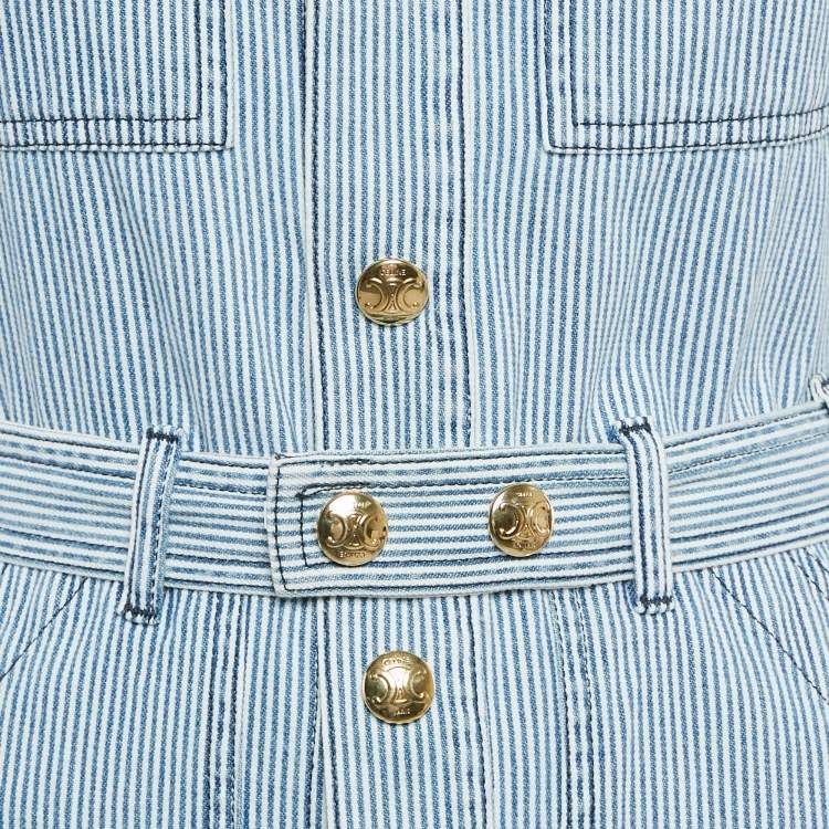 Pre Owned Celine Blue/White Stripe Cotton Button Front Belted Trapeze Mini Dress XS