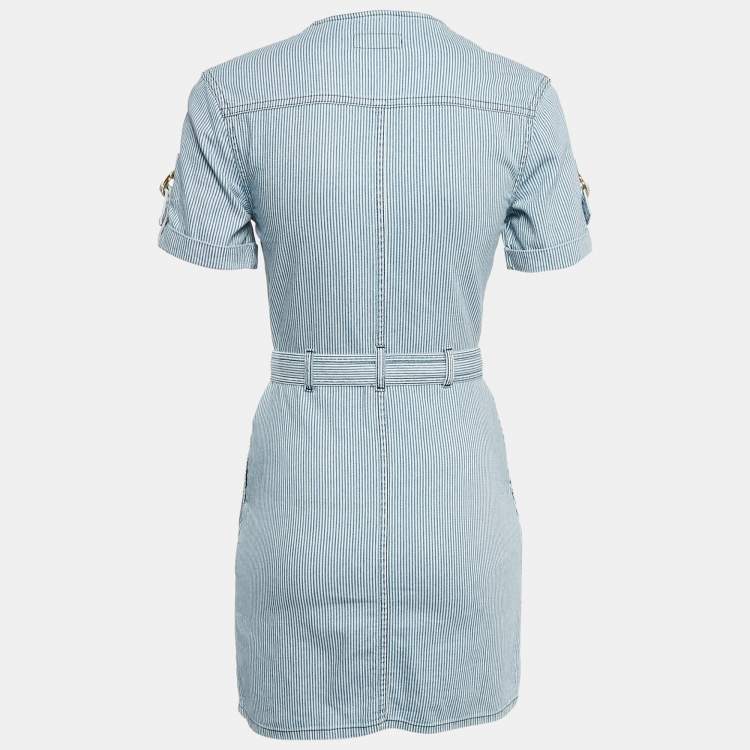 Pre Owned Celine Blue/White Stripe Cotton Button Front Belted Trapeze Mini Dress XS