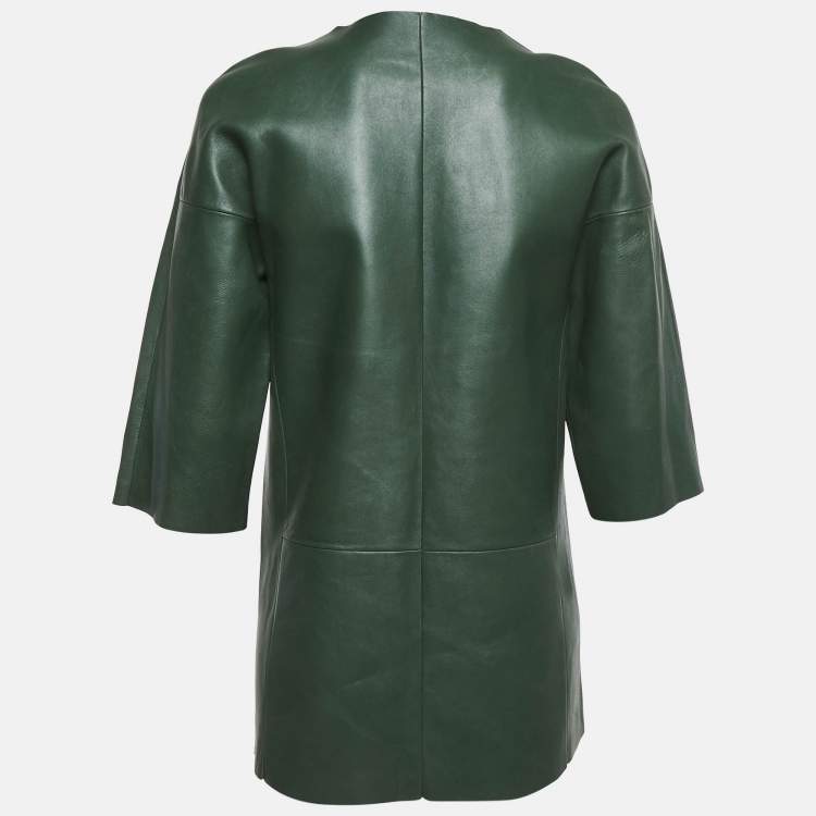 Pre Owned Celine Green Leather Leopard Print Fur Patch Detail Zip-Up Jacket S
