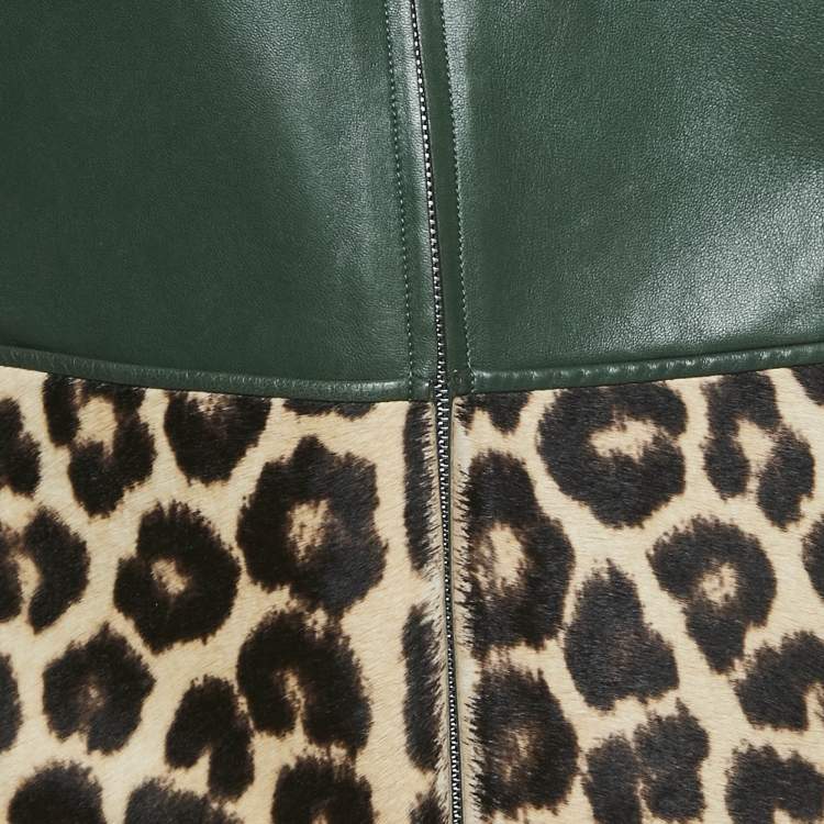 Pre Owned Celine Green Leather Leopard Print Fur Patch Detail Zip-Up Jacket S