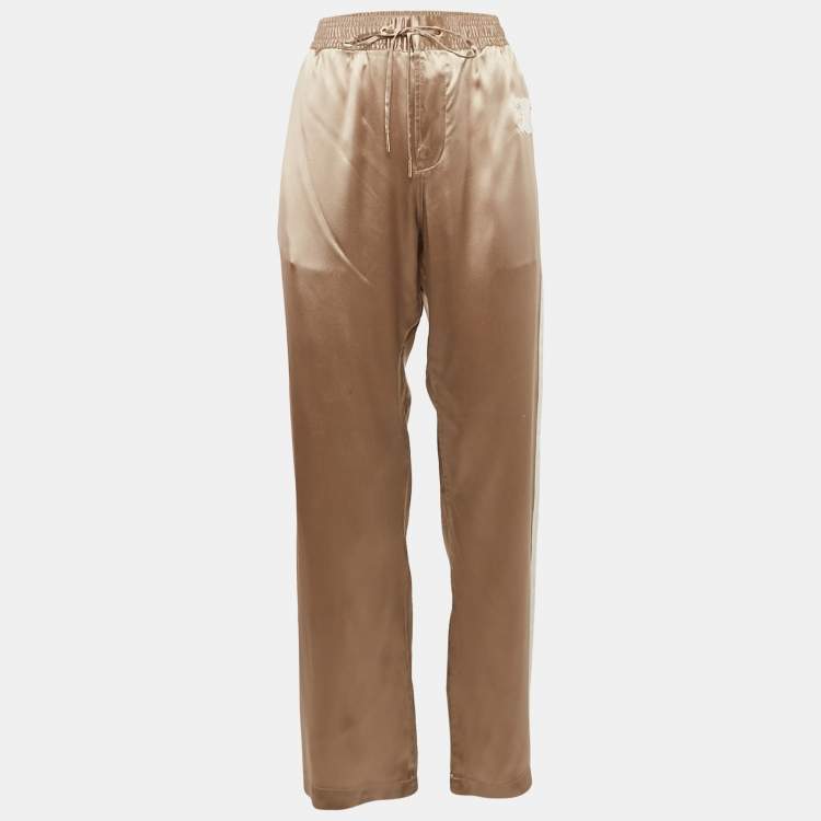 Pre Owned Celine Metallic Beige Satin Logo Applique Detail Side Trimmed Trousers M