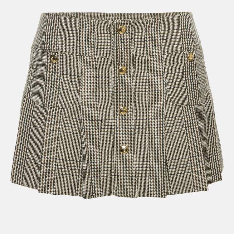Pre Owned Celine Brown Checks Linen Pleated Bandeau Mini Skirt S