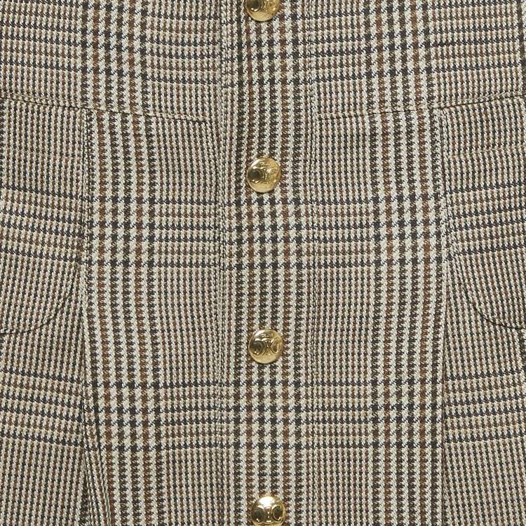 Pre Owned Celine Brown Checks Linen Pleated Bandeau Mini Skirt S