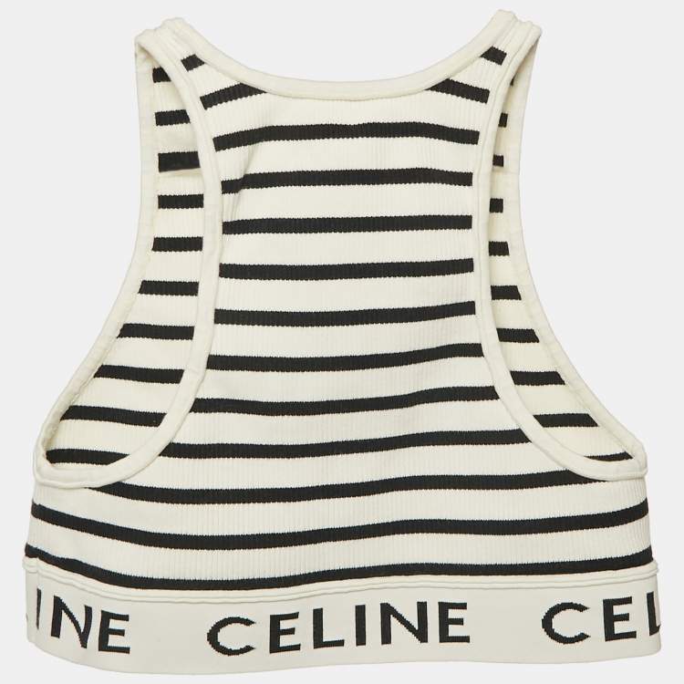 Pre Owned Celine White/Black Striped Rib Knit Tank Crop Top XS