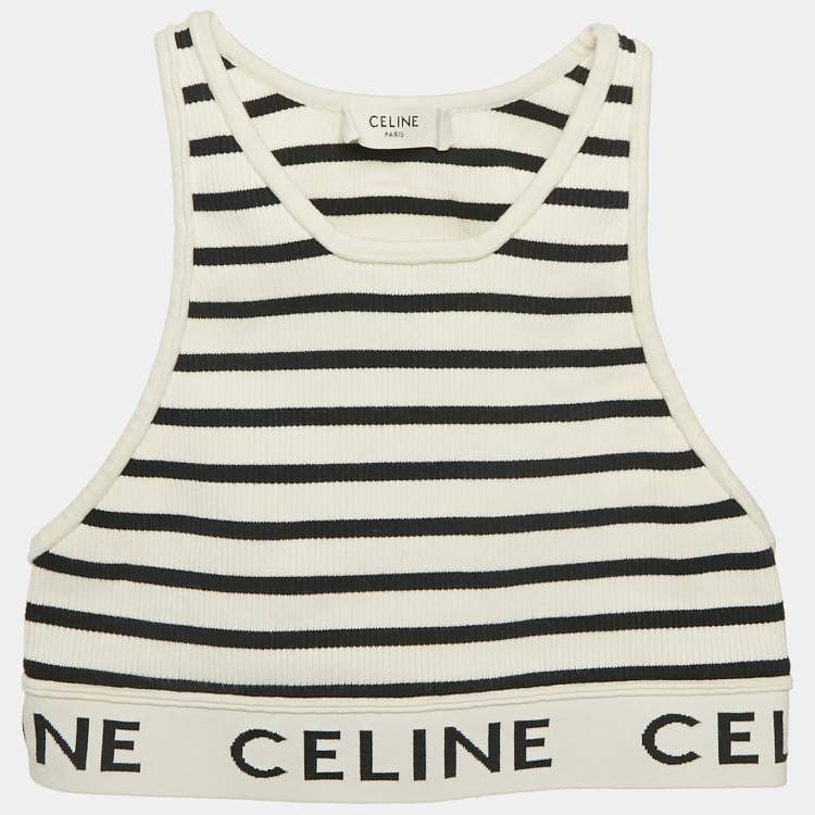 Pre Owned Celine White/Black Striped Rib Knit Tank Crop Top XS