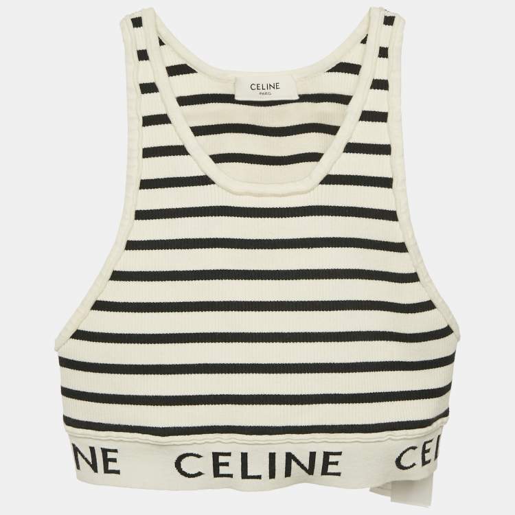 Pre Owned Celine White Striped Stretch Knit Crop Top S