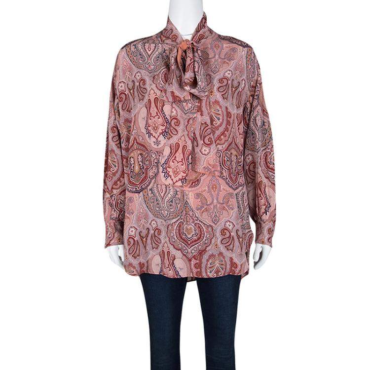 Pre Owned Celine Multicolor Printed Mulberry Silk Neck Tie Detail Long Sleeve High Low Tunic M
