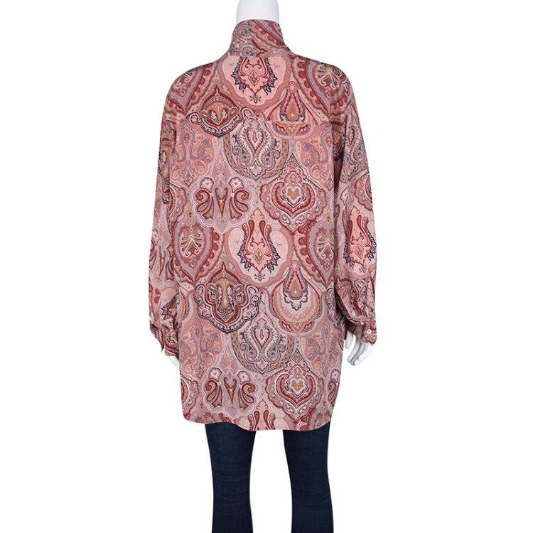 Pre Owned Celine Multicolor Printed Mulberry Silk Neck Tie Detail Long Sleeve High Low Tunic M
